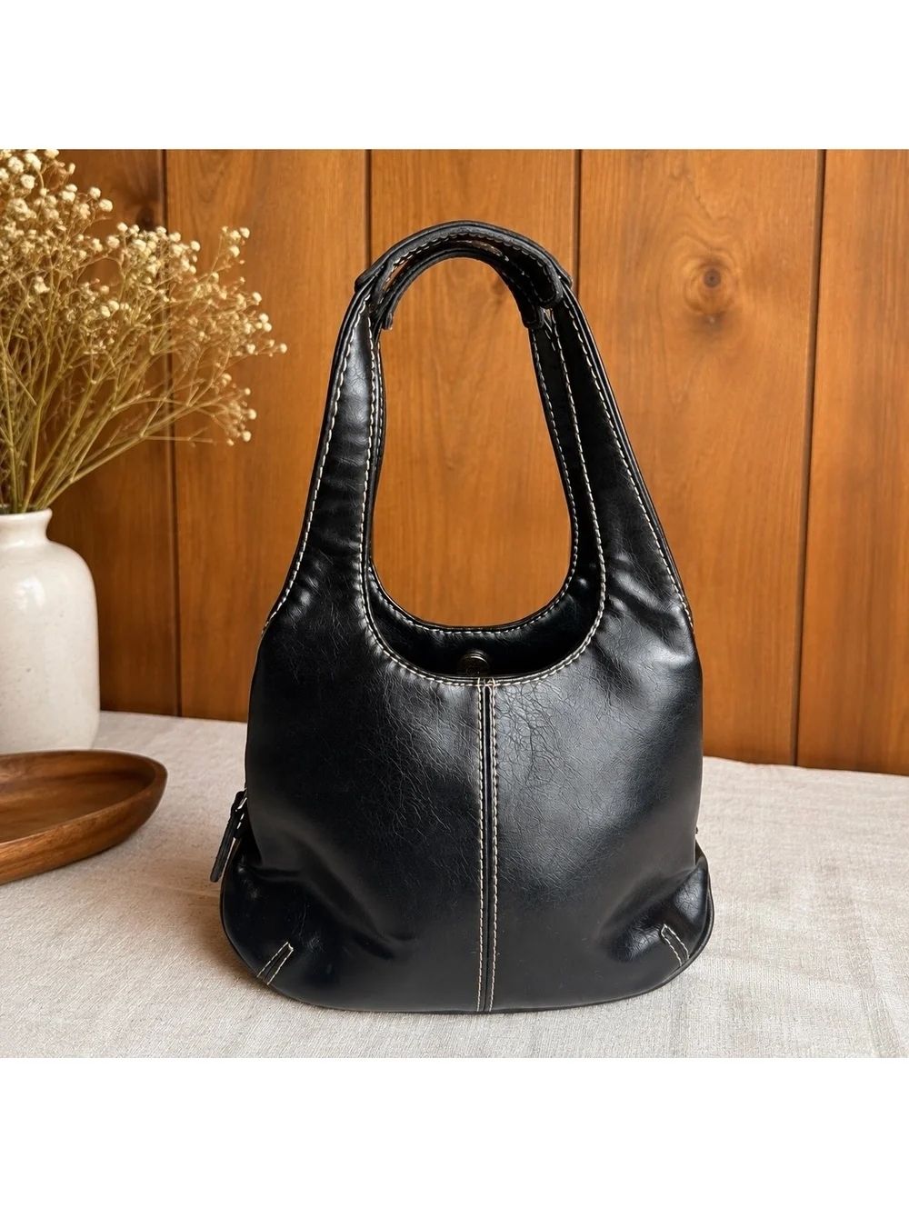 Vintage Nine West Black Hobo Handbag Contrast Stitching Y2K Purse 8x11